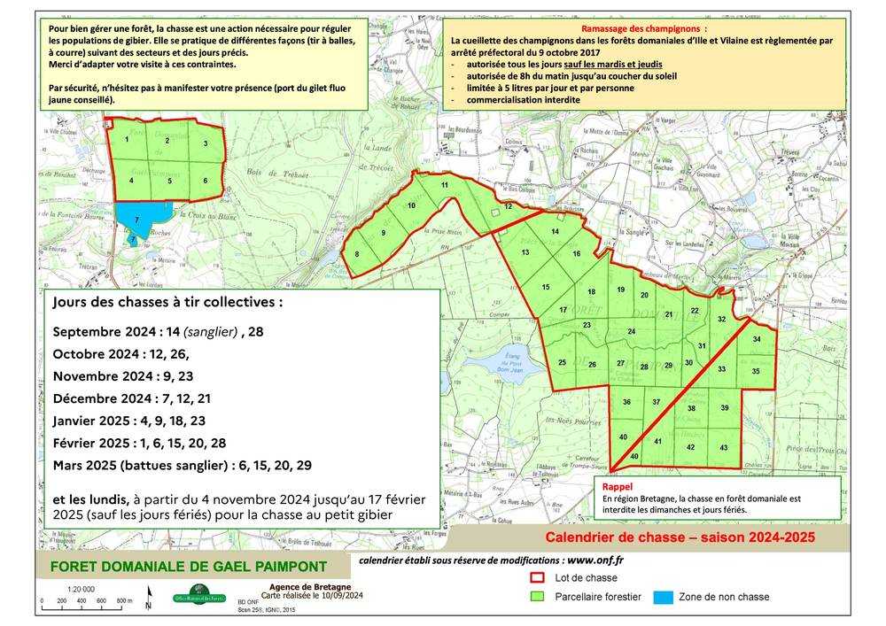 carte de la forêt domaniale de Gaël-Paimpont avec les jours chassés