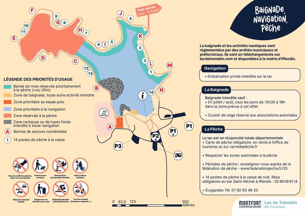 Plan montrant les zone réservées à la pêche et aux autres activités sur le Lac de Trémelin